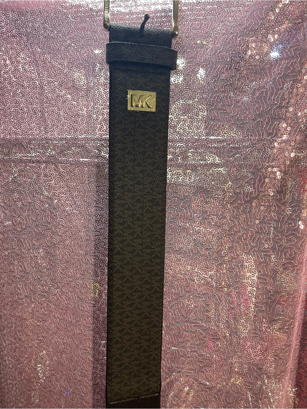 Michael Kors Brown Signature Logo Belt with Gold MK Plaque